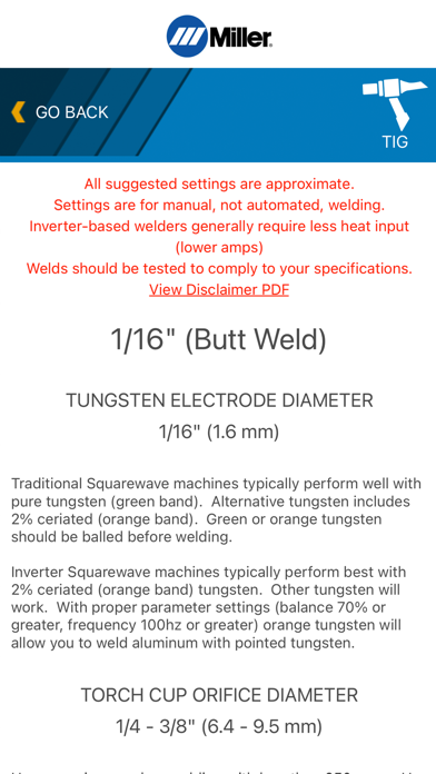 Miller Weld Setting Calculator screenshot 1