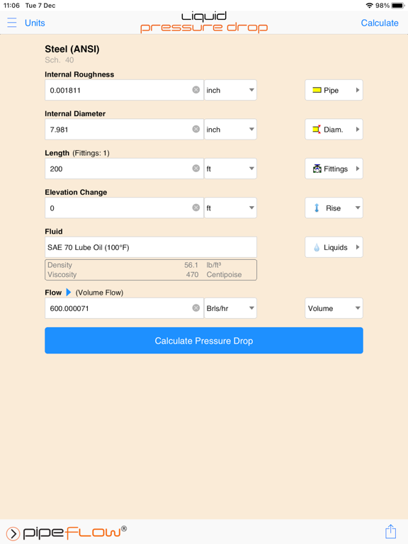 Pipe Flow Liquid Pressure Drop screenshot 10