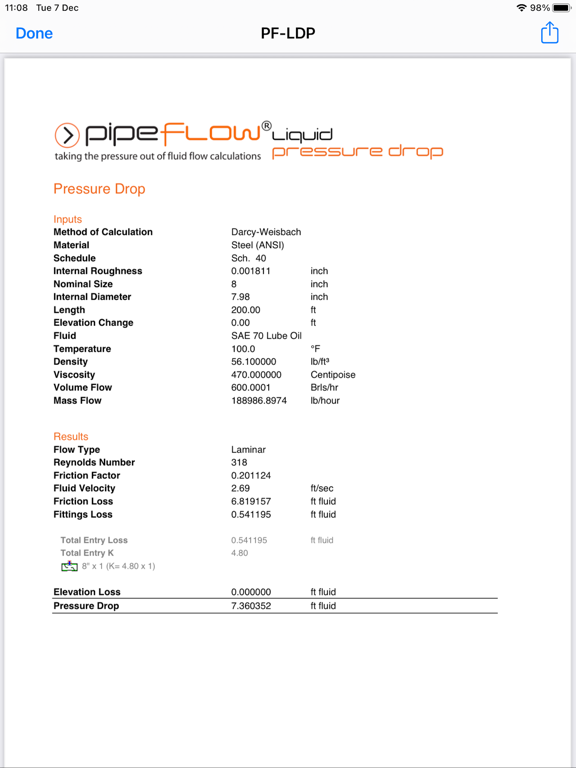 Pipe Flow Liquid Pressure Drop screenshot 2