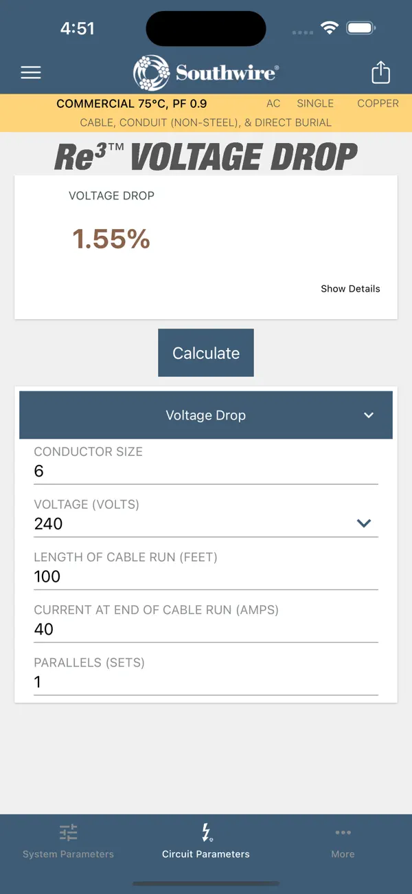 Southwire® Voltage Drop Calc screenshot 1