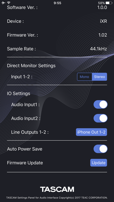 TASCAM Settings Panel for Audio Interface screenshot 2